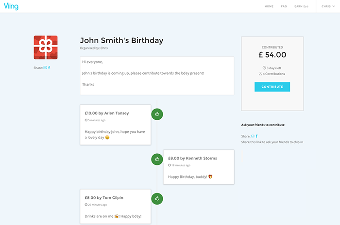 Viing lets you set up a page online and share the link with colleagues who can leave a message for the recipient and put money into a virtual pot.